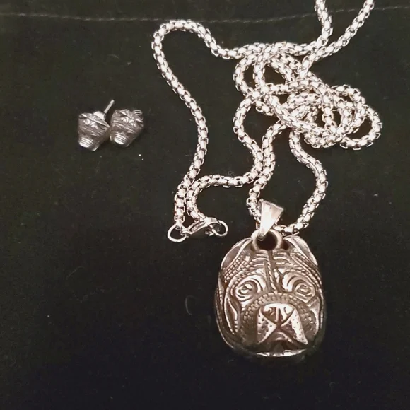 3D Bulldog necklace and earring set, unisex - Picture 2 of 7